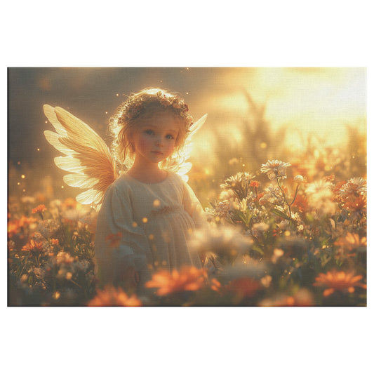 A Beautiful Angel in a Golden Sunlit Flower Field Divine Grace Serene Joy Heavenly Presence Christian Canvas Art Magical Atmosphere Vibrant Wildflowers Radiant Peace - Awakening Righteousness
