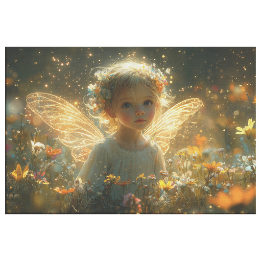 Adorable Little Girl with Flower Wings Surrounded Sparkling Stars and Wildflowers Enchanting Christian Canvas Wall Art Decor for Nursery or Home - Awakening Righteousness