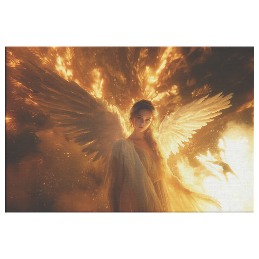 Angel with White Wings Surrounded Flames and Light Rays Glowing Golden Yellow Dress Divine Christian Canvas Art Symbolizing Strength and Spiritual Power - Awakening Righteousness