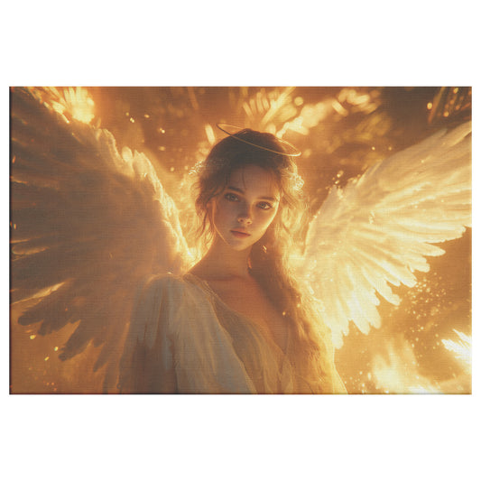 Beautiful Angel with White Wings Shining in Golden Light Surrounded Fire and Gold Ethereal Fantasy Christian Canvas Art for Divine Inspiration - Awakening Righteousness