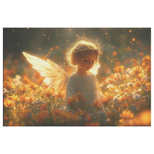 Beautiful Little Angel with Golden Wings in Flower Field Smiling Gently as Light Shines on Her Warm and Magical Christian Canvas Wall Art for Home Nursery or Living Room Decor - Awakening Righteousness