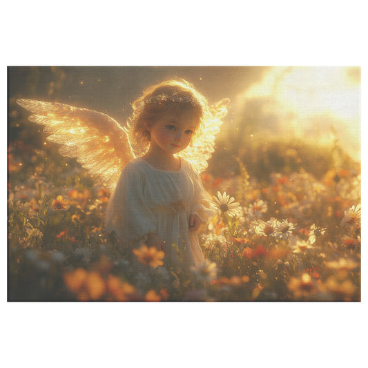 Beautiful Little Angel with Golden Wings in a Flower Field Christian Canvas Art Surrounded Sunlight Wildflowers and a Magical Atmosphere of Peace and Tranquility - Awakening Righteousness