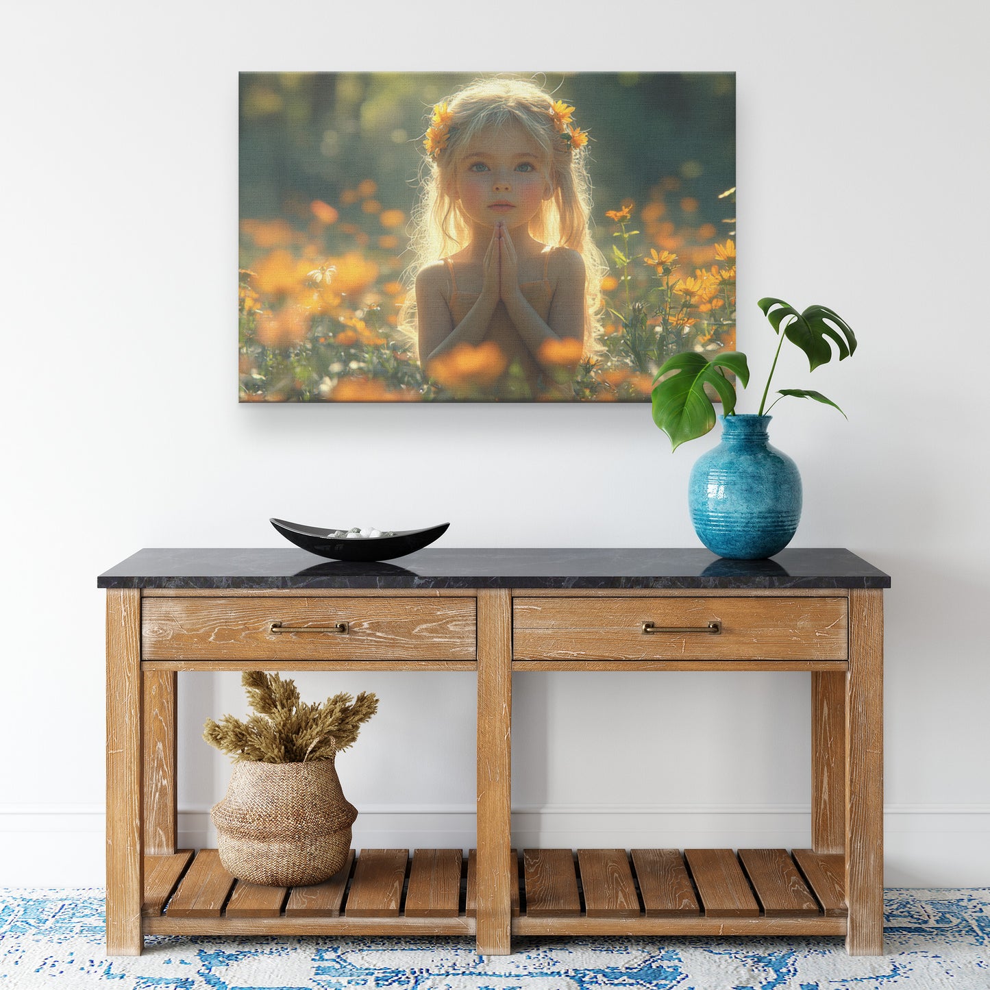 Beautiful Young Girl with Blonde Hair and Blue Eyes Praying in an Orange Flower Field Bathed in Sunlight Uplifting Christian Canvas Art for Peace and Serenity - Awakening Righteousness