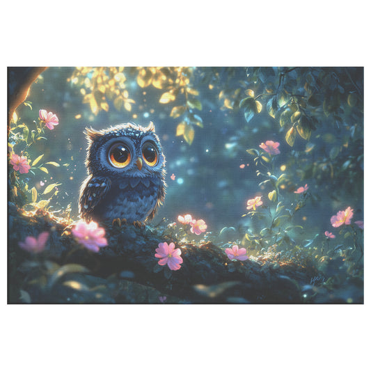 Cute Owl with Big Adorable Eyes Sitting on a Tree Branch in a Magical Forest Surrounded Blooming Flowers Enchanting Wildlife Canvas Art for Home Living Room or Nursery Decor - Awakening Righteousness