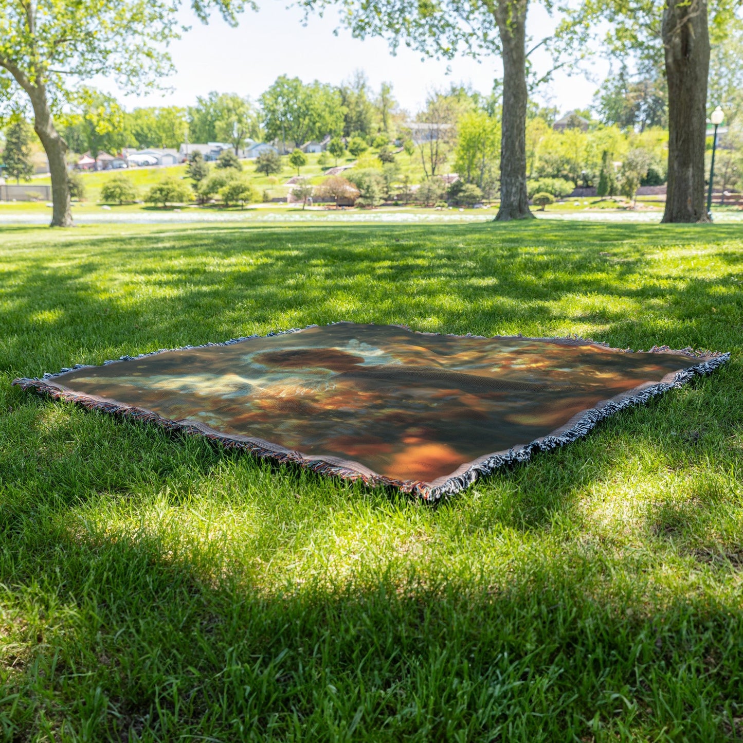 Enchanting Little Angel with Golden Wings in Blooming Meadow Heavenly Light and Divine Beauty Christian Woven Throw Blanket - Awakening Righteousness