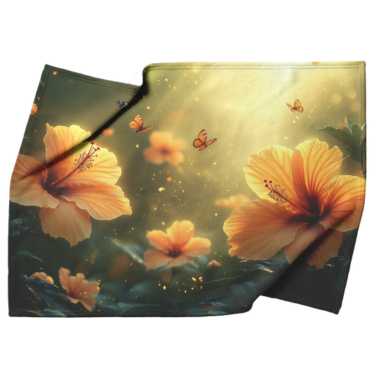 Glowing_Yellow_Hibiscus_with_Butterflies_H_Blanket_Top_Bottom_Folds_Mockup.png