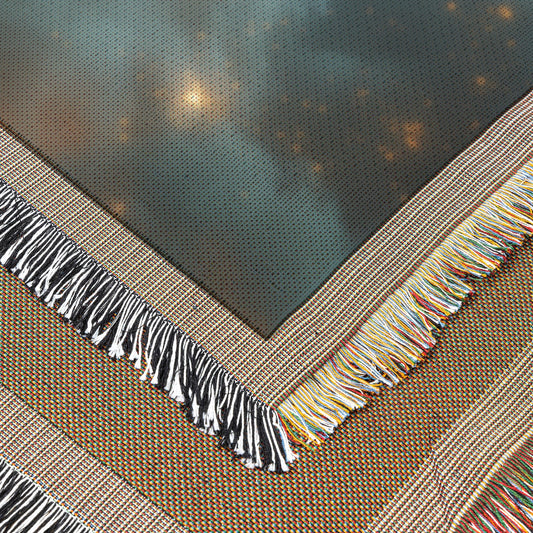 Golden Angel with Glowing Sword Soaring Through Heavenly Light and Dark Clouds Christian Woven Throw Blanket for Divine Strength and Protection - Awakening Righteousness