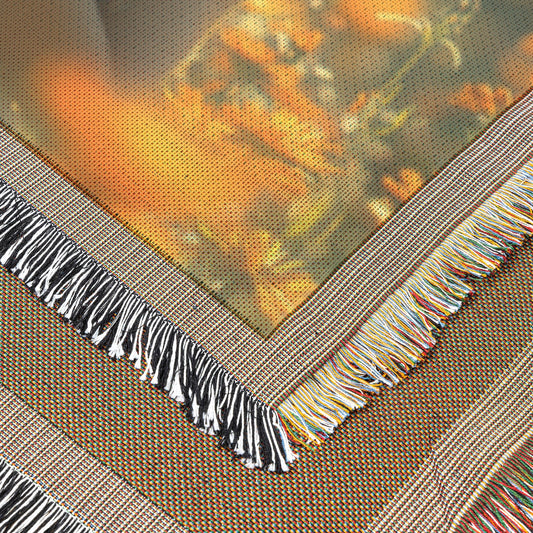 Inspiring Little Girl Praying Amidst Vibrant Orange Flowers Serene Prayerful Moment Divine Light Faith and Tranquility for Home Décor Christian Woven Throw Blanket - Awakening Righteousness