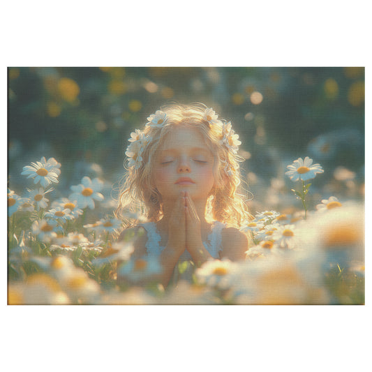 Little Girl Praying in Daisies Hands Folded in Prayer Christian Canvas Art Peaceful Prayerful Moment Warm Sunlight Spiritual Tranquility Divine Connection Serene Atmosphere - Awakening Righteousness