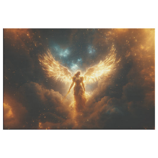 Majestic Angel with Golden Wings and Iron Sword Surrounded Swirling Fire Clouds Divine Christian Canvas Art of Strength and Protection Heavenly Light Against a Starry Sky - Awakening Righteousness