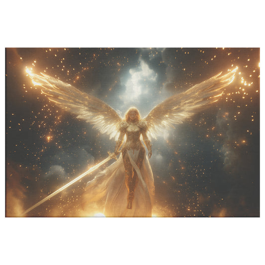 Majestic Angelic Woman with Golden Wings and Glowing Sword in Space Divine Light Otherworldly Backdrop Christian Canvas Art for Home Living Room or Office Heavenly Wall Decor - Awakening Righteousness