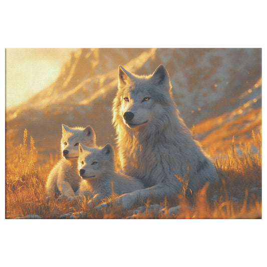 Majestic White Wolf with Two Adorable Cubs Resting in Warm Golden Sunlight in an Alpine Meadow Wildlife Canvas Art of Family Bond and Tranquil Nature Perfect for Home or Nursery Decor - Awakening Righteousness