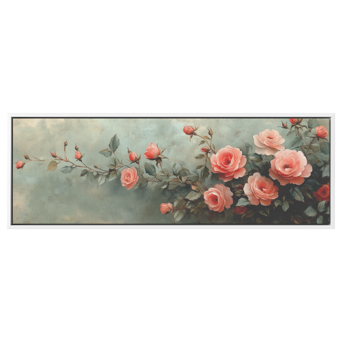 Minimalist Botanical Print Roses Delicate Watercolor Accents Pastel Pink Green Tones Ultra High Definition Soft Textured Background Panoramic Framed Canvas Wall Art - Awakening Righteousness