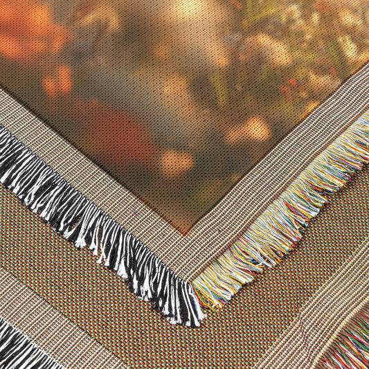 Serene Angel with Radiant Golden Wings in a Vibrant Flower Field Surrounded Heavenly Light Christian Woven Throw Blanket for Spiritual Peace and Divine Grace - Awakening Righteousness