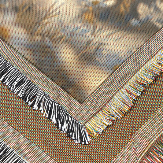 White Fox Cub Woven Throw Blanket with Blue Eyes and Daisies - Awakening Righteousness