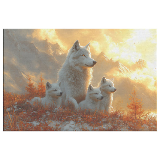 White Wolf Family Canvas Wall Art Majestic Autumn Sunset with Cubs on Alpine Mountain Stunning Golden Light and Orange Eyes - Awakening Righteousness
