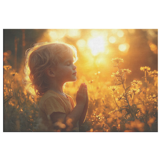 Young Child in Prayer with Hands Clasped Eyes Closed and Head Tilted Upwards Surrounded Blooming Flowers and Golden Rays of Sunlight Peaceful Spiritual Moment Christian Canvas Art - Awakening Righteousness