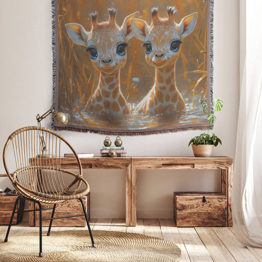 Adorable Baby Giraffes Playfully Smiling in Calm Waters Surrounded by Vibrant Reeds Cozy Woven Throw Blanket - Awakening Righteousness