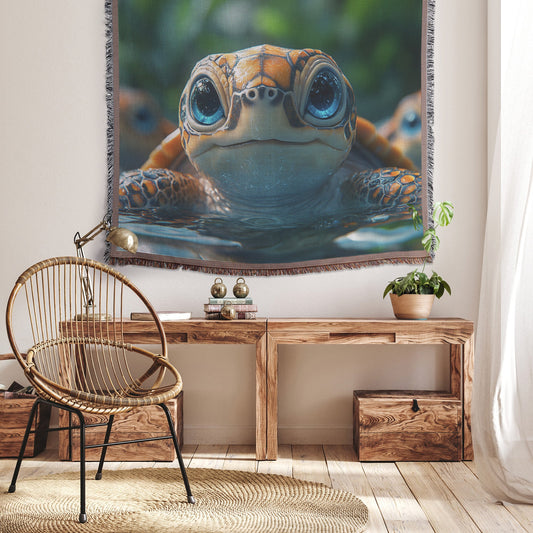 Adorable Baby Turtle Floating in Serene Forest River Cozy Woven Throw Blanket - Awakening Righteousness
