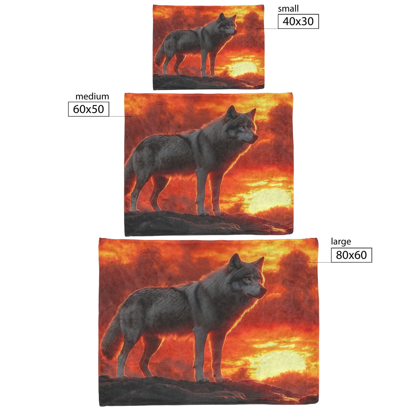 Alpha Wolf Standing Tall on Rocky Ledge Under Fiery Red Sunset Glowing Clouds Cozy Sherpa Blanket - Awakening Righteousness