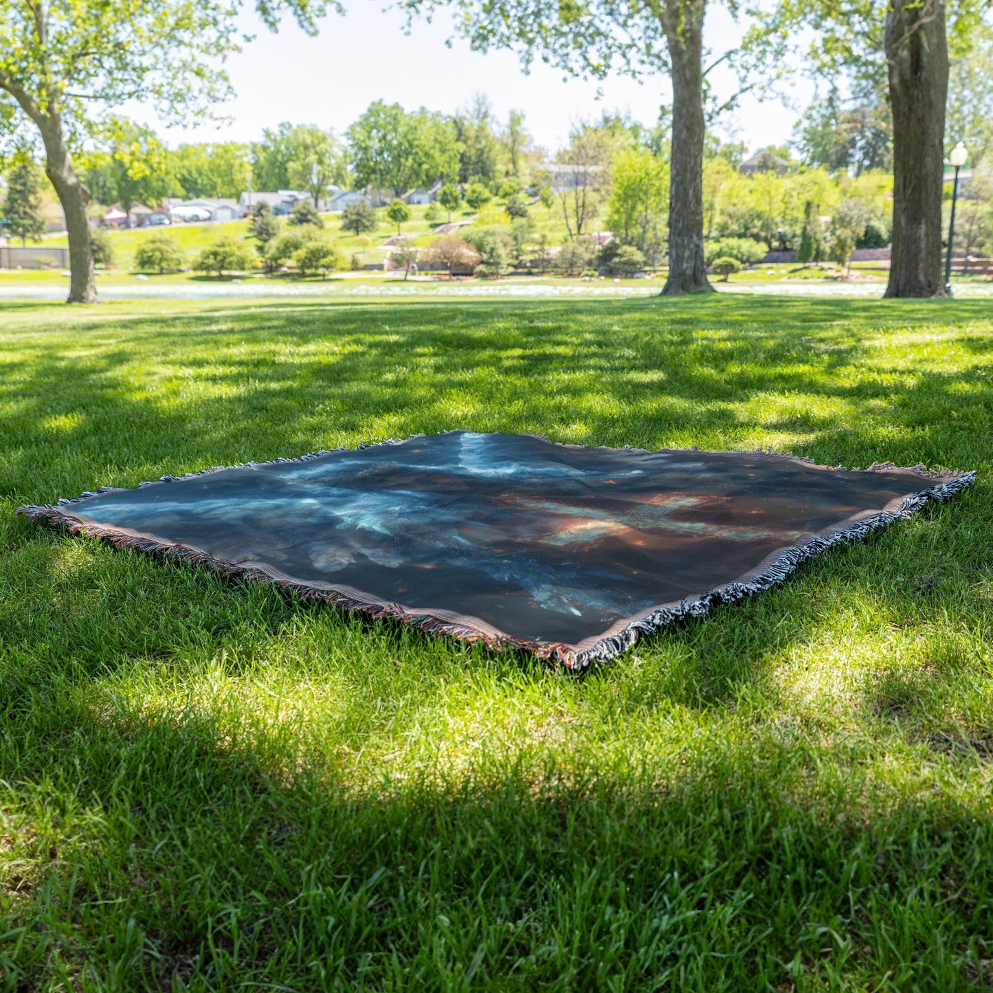 Angel with Glowing Cross and Fiery Wings Woven Throw Blanket for Spiritual Home Decor - Awakening Righteousness