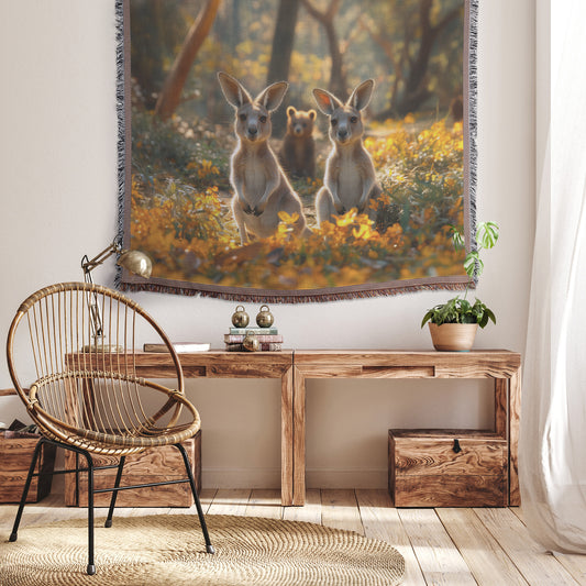Joyful Baby Kangaroos and Bear Cub Throw Blanket Cozy Woven Kids Comfort Blanket for Children - Awakening Righteousness
