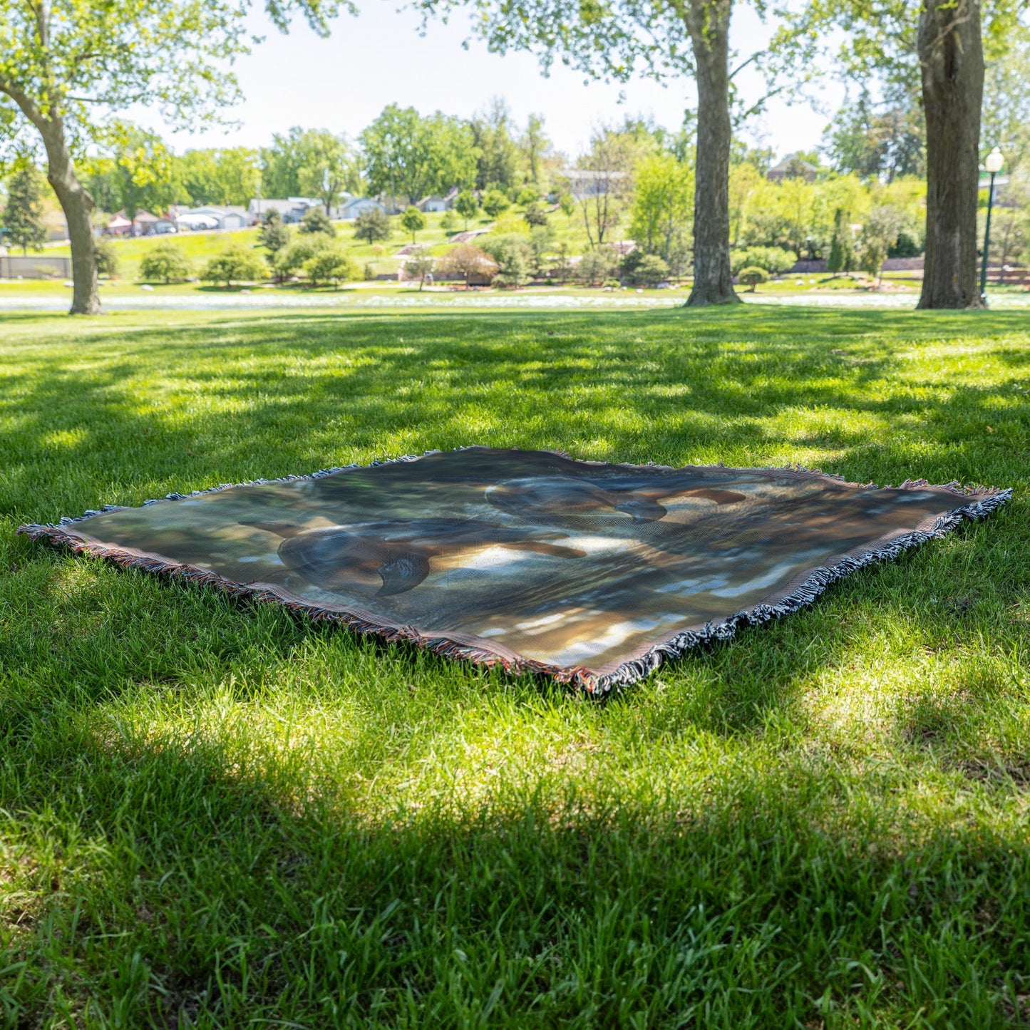 Serene Jungle River with Leaping Dolphins Vibrant Tropical Nature Woven Throw Blanket Perfect Home Décor for Ocean and Wildlife Enthusiasts - Awakening Righteousness