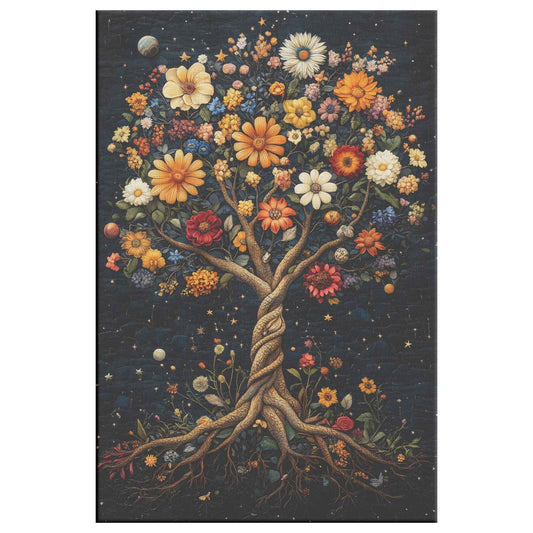 Enchanted Tree of Life Starlit Roots and Golden Leaves With Flowers In the Garden of Eden Christian Canvas Art Decor