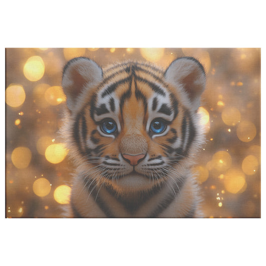 Adorable Baby Tiger with Large Blue Eyes on a Golden Bokeh Light Background Cute Wildlife Canvas Wall Art for Home Living Room or Nursery - Awakening Righteousness