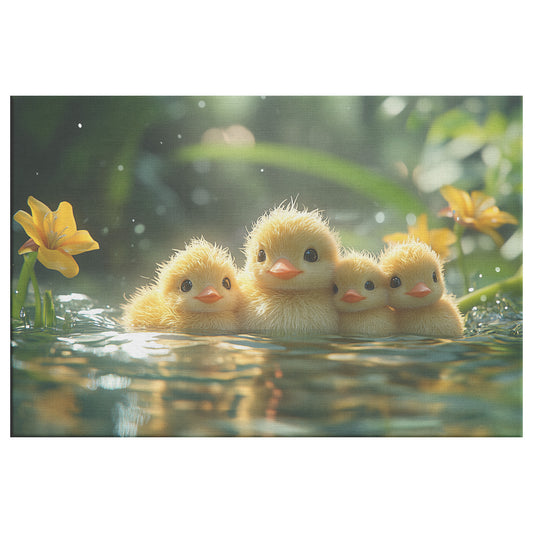 Adorable Fluffy Yellow Ducklings with Sparkling Eyes Sitting in Water Near Flowers Cute Wildlife Canvas Wall Art for Home Living Room or Nursery Canvas Wall Art Decor - Awakening Righteousness