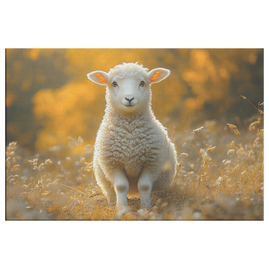 Adorable Little Sheep in Golden Autumn Grass with Sparkling Eyes Warm and Cozy Farmhouse Canvas Wall Art Decor - Awakening Righteousness
