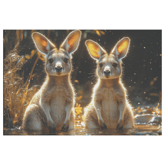 Adorable Pair of Kangaroos Sitting in Water with Sparkling Light and Golden Grass Cute Wildlife Art for Home Living Room or Office Canvas Wall Art Decor - Awakening Righteousness