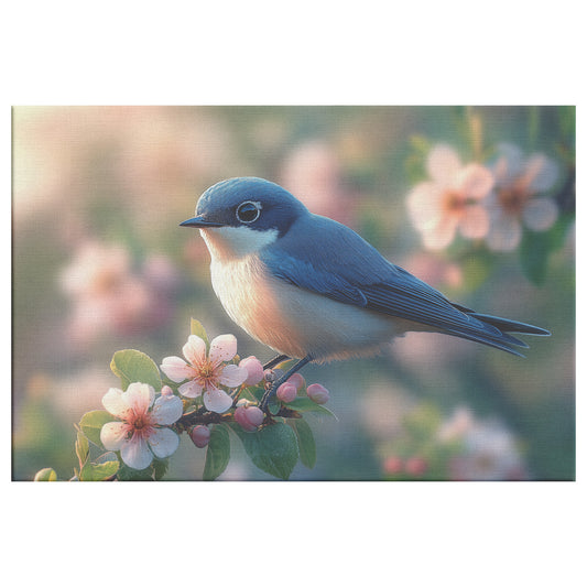 Beautiful Blue Bird Perched on a Fruit Tree Branch Surrounded Blooming Pastel Flowers Christian Canvas Wall Art Decor - Awakening Righteousness