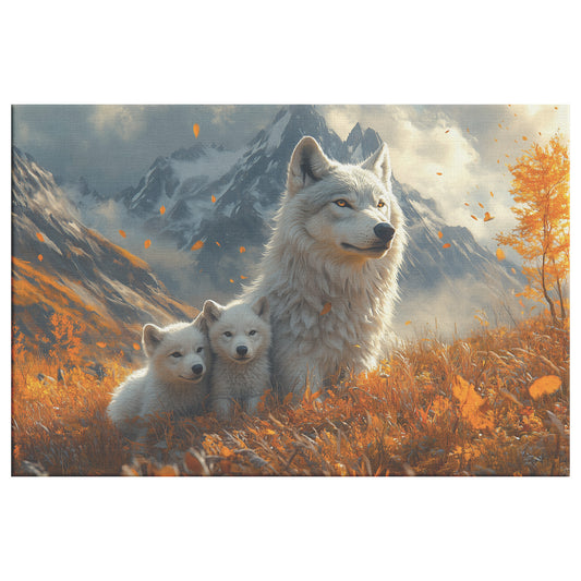 Beautiful White Wolf with Two Cubs in an Autumn Landscape with Snowy Mountains Nature Wildlife Canvas Art Decor - Awakening Righteousness