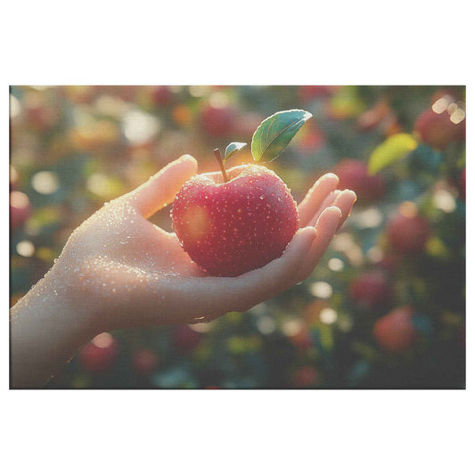 Capturing Nature's Bounty Hand Holding a Red Apple in a Sunlit Orchard Christian Canvas Wall Art Decor
