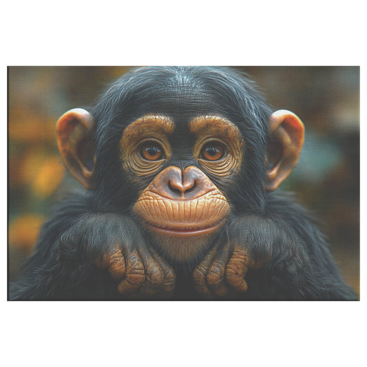 Cute Baby Chimpanzee with Big Eyes Smiling and Holding Chin Adorable Ape Canvas Wall Art Decor - Awakening Righteousness