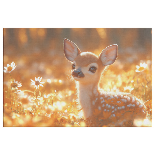 Cute Baby Deer in the Sun Surrounded Daisies in a Warm Autumn Meadow Serene Nature Canvas Wall Art Decor - Awakening Righteousness