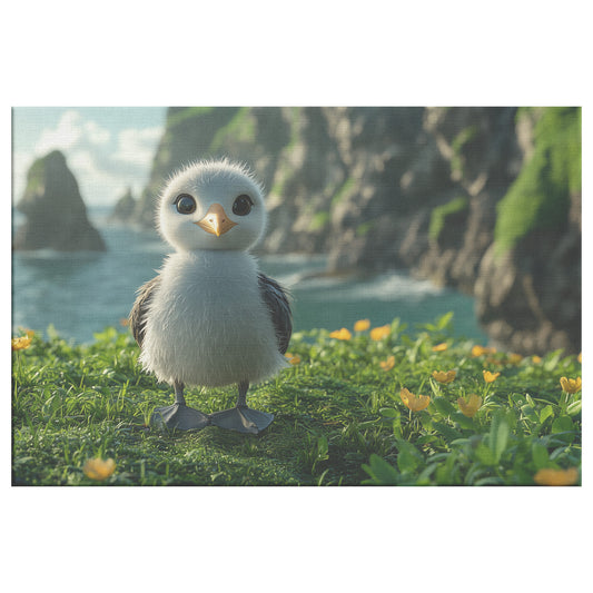 Cute BaSeagull on Grass Surrounded Flowers with Cliffs and Sea Waves in Background Adorable Wildlife Canvas Wall Art for Home Nursery or Living Room Canvas Wall Art Decor - Awakening Righteousness