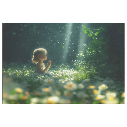 Divine Light Little Girl Praying in a Garden of White Daisies Magical Christian Canvas Wall Art Decor