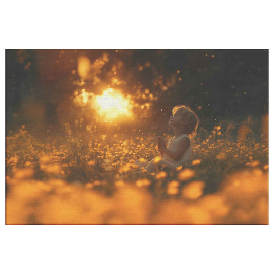 Enchanting Sunset Prayer Child Surrounded Yellow Wildflowers and Fireflies Dreamy Christian Canvas Wall Art Decor