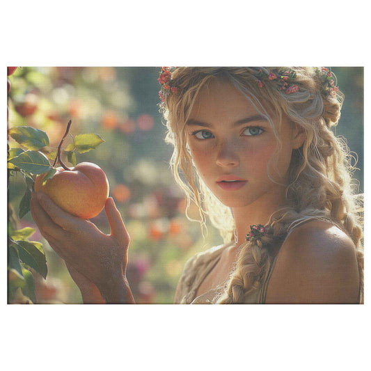 Ethereal Eve Enchanting Young Woman with Flower Adorned Hair Picking Apples in a Sunlit Orchard Magical Fantasy Canvas Wall Art Decor