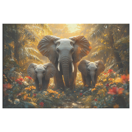 Family of Elephants Walking Through Jungle with Mother and Young Ones Surrounded Vibrant Flowers and Lush Greenery Wildlife Canvas Wall Art for Home Living Room Canvas Wall Art Decor - Awakening Righteousness