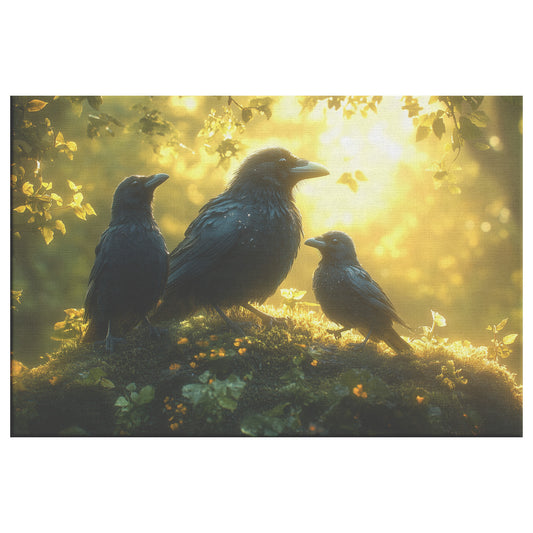 Family of Ravens in Ancient Forest with Sunlight Filtering Through Leaves Christian Canvas Wall Art Decor - Awakening Righteousness
