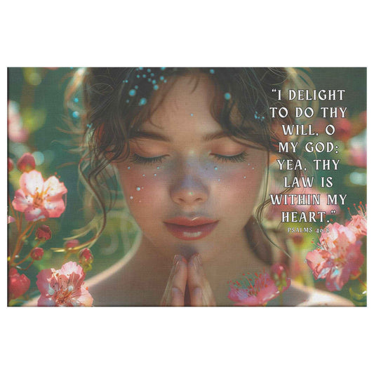 Girl Praying Psalms 4 08 I delight to do thy will O my God yea thy law is within my heart Christian Canvas Wall Art