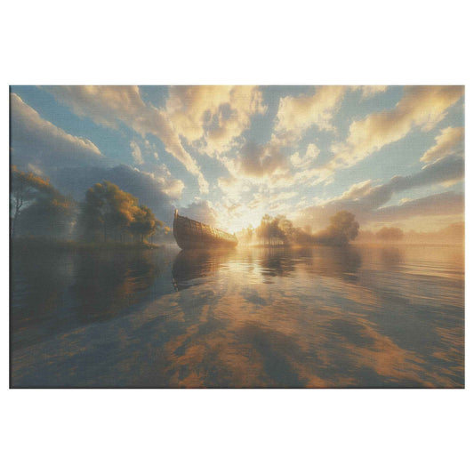 Golden Sunrise Over a Misty Lake Featuring Noahs Ark in the Distance Reflecting Warm Sunlight and Surrounded Ethereal Cloud Tranquil Christian Canvas Wall Art Decor