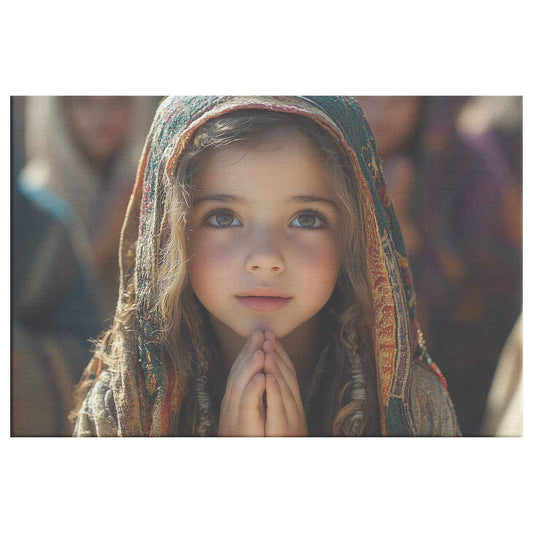 Graceful Prayer Young Girl in Traditional Attire Deep in Reflection Inspiring Christian Canvas Wall Art Decor