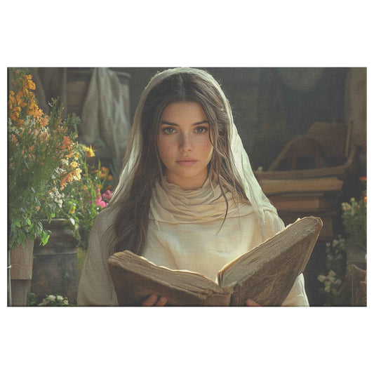 Graceful Reflection Young Woman Reading the Bible in a Blooming Garden Inspiring Christian Wall Art Decor