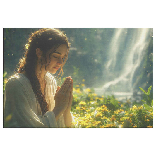 Graceful Serenity Young Woman Praying Amidst Wildflowers and Sunlit Forest Inspiring Christian Canvas Wall Art Decor