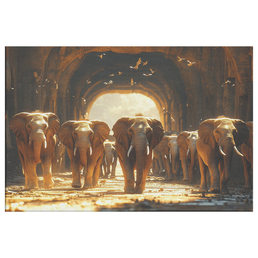 Majestic Elephants Walking Through Ancient Stone Tunnel Christian Canvas Wall Art Decor - Awakening Righteousness