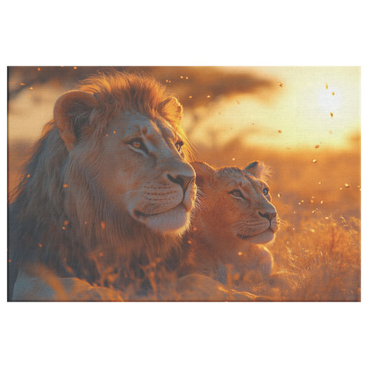 Majestic Lion and Cub in Savannah at Sunset with Fireflies Wildlife Animal Art for Home Living Room or Office Canvas Wall Art Decor - Awakening Righteousness